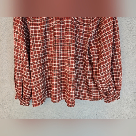 Tresure & Bond Womens Pull Over Top Sz L Rust Plaid Ballon Sleeves Relaxed Fit - Picture 11 of 11